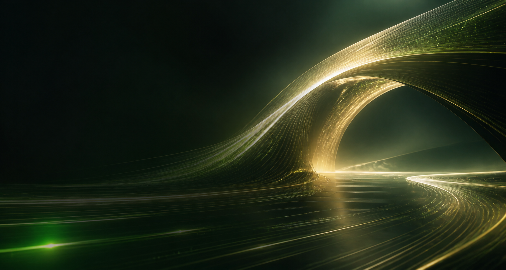 Abstract gold and green light forming a bridge in a virtual studio